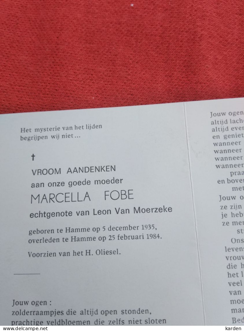 Doodsprentje Marcella Fobe / Hamme 5/12/1935 - 25/2/1984 ( Leon Van Moerzeke ) - Religion & Esotérisme