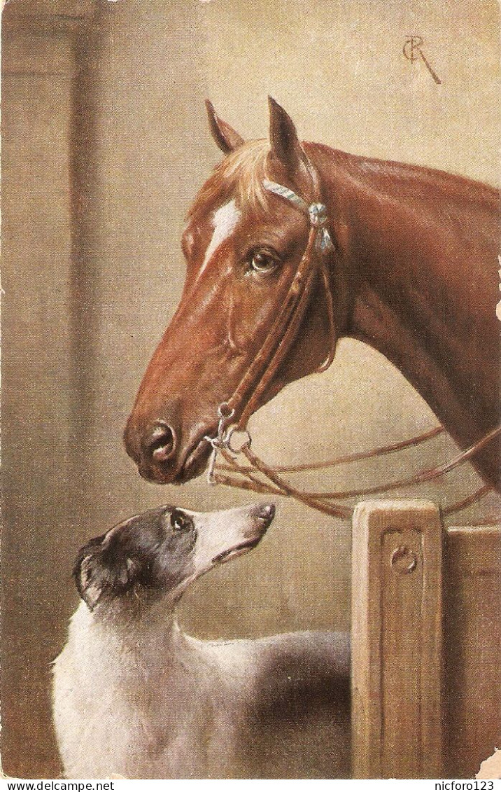 "Horse And Dog" Old Vintage German, Artist Drawn, Postcard - Chevaux