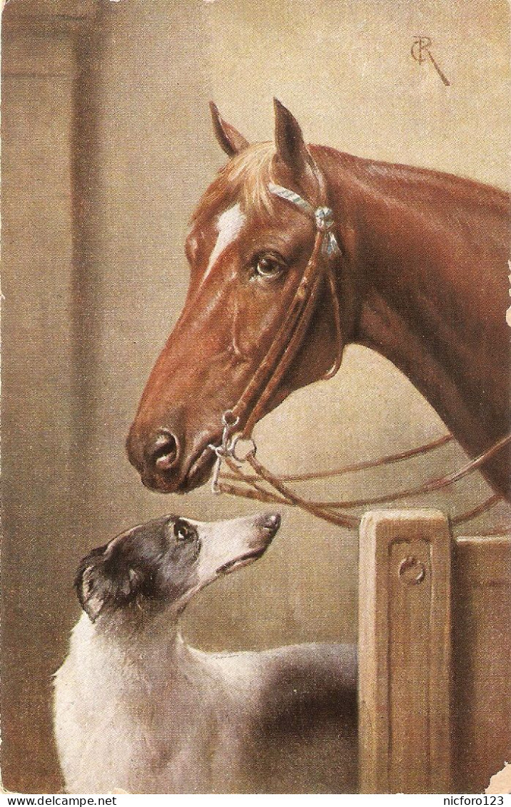 "Horse And Dog" Old Vintage German, Artist Drawn, Postcard - Pferde