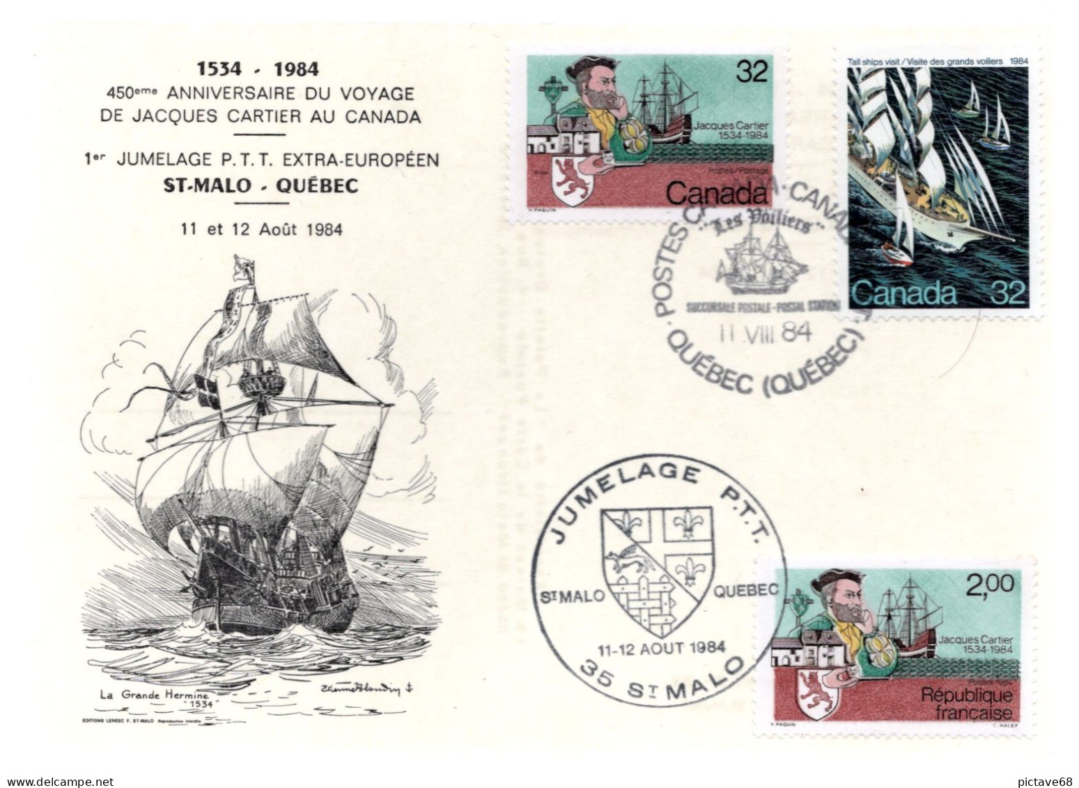 FRANCE /   ENVELOPPE DU JUMELAGE P.T.T. ST MALO-QUEBEC 11 & 12 AOUT 1984 - Commemorative Postmarks