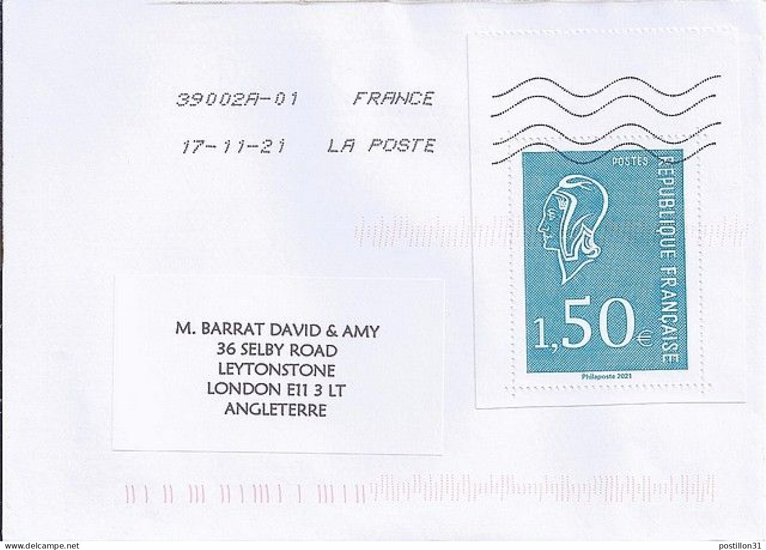 TP N° 5537 SUR LETTRE DU 19.11.21 POUR L’ANGLETERRE - Lettres & Documents