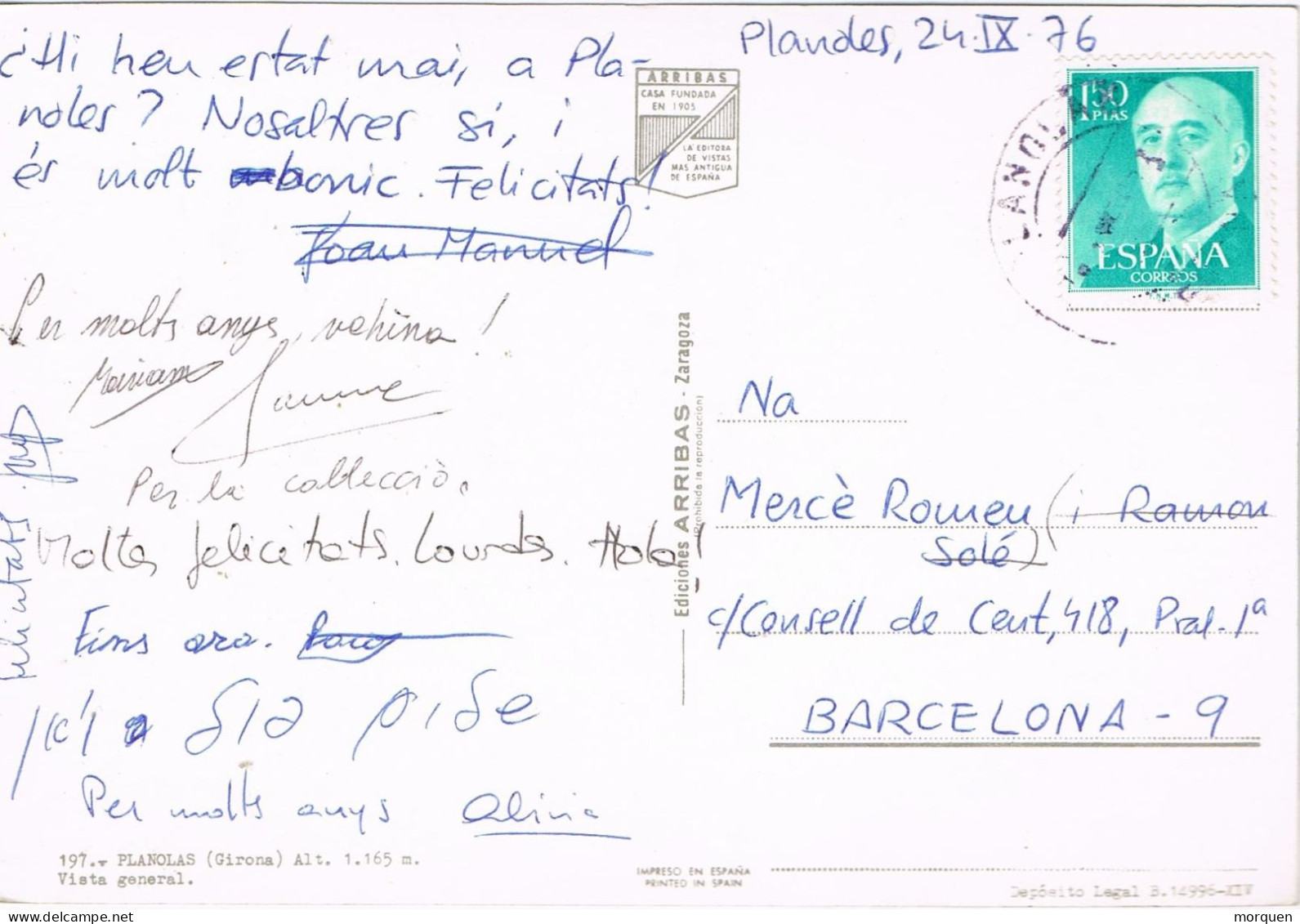 54876. Postal PLANOLES (Gerona) 1976. Vista General De La Poblacion - Cartas & Documentos