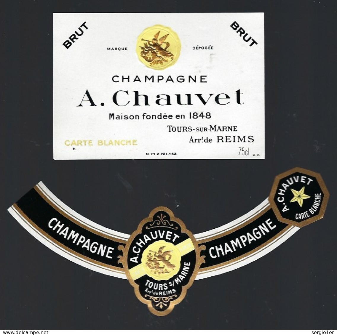 Etiquette Champagne  Brut Carte Blanche A Chauvet Tours Sur Marne Marne 51 Avec Sa Collerette - Champan