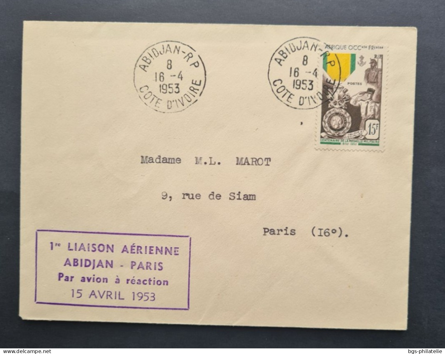 A.O.F,T N°46 Oblitéré De Côte D'Ivoire + Griffe 1ère Liaison Aérienne ABIDJAN-PARIS  Par Avion à Réaction 15/4/1953. - Lettres & Documents