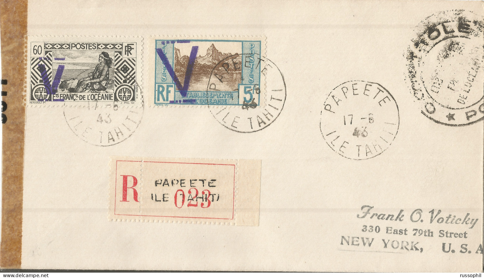 OCEANIE -  WW2 - 5 FR 60 CENT. FRANKING ON REGISTERED COVER FROM PAPEETE TO THE USA - 1943 - Briefe U. Dokumente