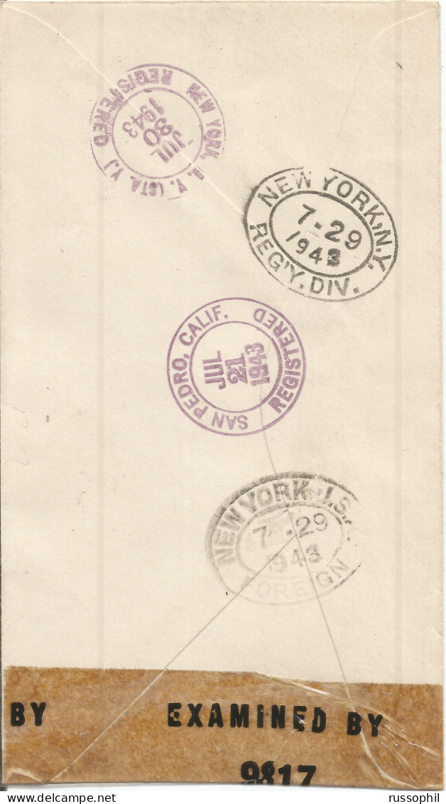 OCEANIE -  WW2 - 5 FR 60 CENT. FRANKING ON REGISTERED COVER FROM PAPEETE TO THE USA - 1943 - Lettres & Documents