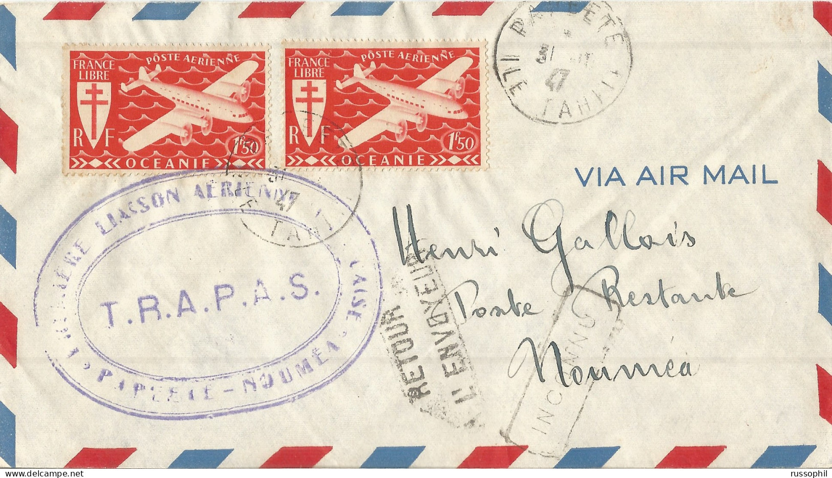 OCEANIE -  TRAPAS - 3 FR. FRANKING ON AIR COVER FROM PAPEETE TO NEW CALEDONIA - RETURNED TO SENDER - 1947 - Lettres & Documents