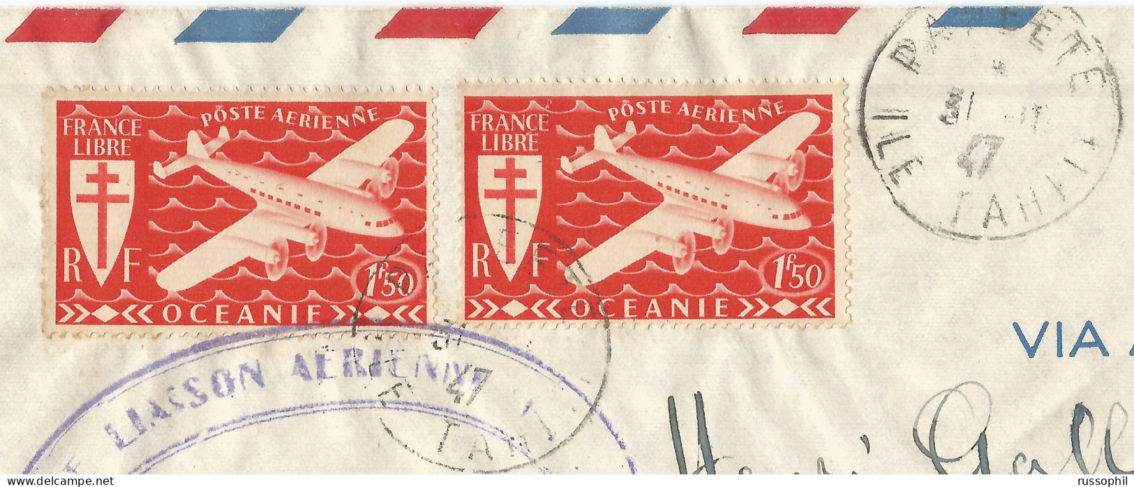 OCEANIE -  TRAPAS - 3 FR. FRANKING ON AIR COVER FROM PAPEETE TO NEW CALEDONIA - RETURNED TO SENDER - 1947 - Covers & Documents
