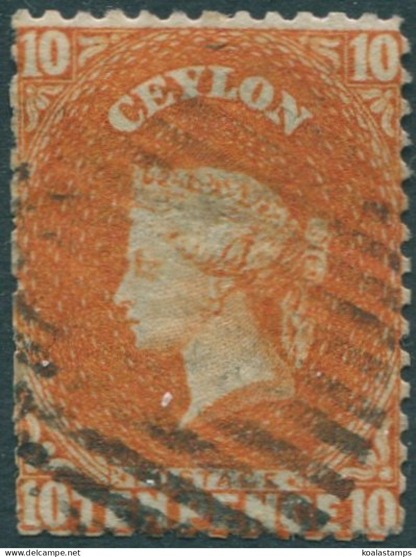 Ceylon 1866 SG58ax 10d Vermilion QV Crown CC Wmk Rev FU (amd) - Sri Lanka (Ceilán) (1948-...)