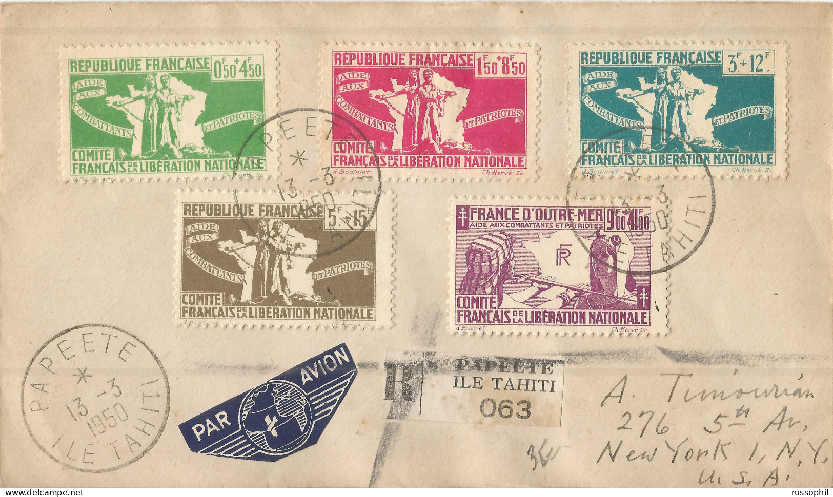 OCEANIE - GENERAL COLONIES - 19 FR. FRANKING (Yv. #50 TO Y. #54) ON REGISTERED AIR COVER FROM PAPEETE  TO THE USA - 1950 - Briefe U. Dokumente