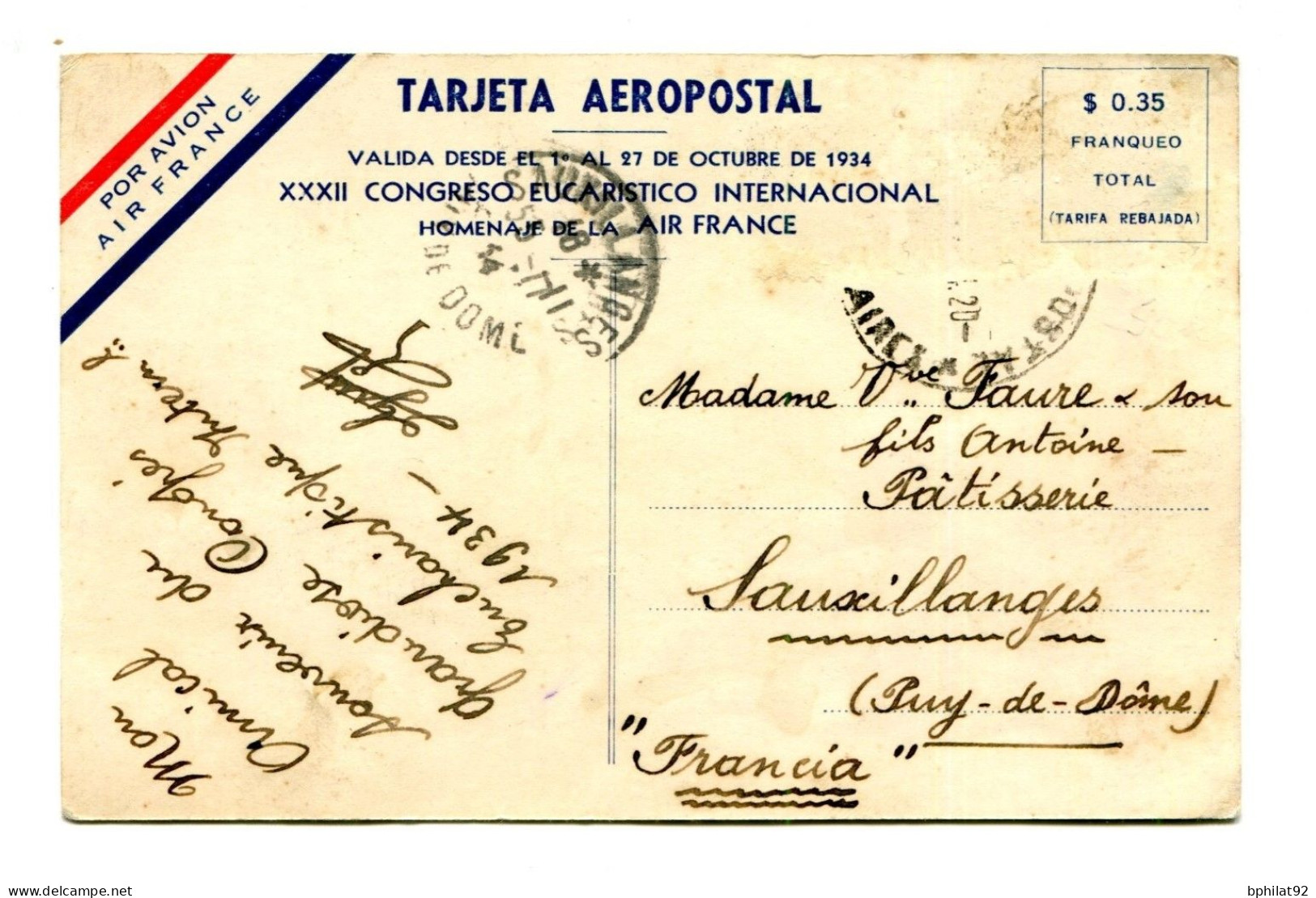 !!! CARTE AIR FRANCE DU CONGRES EUCHARISTIQUE INTERNATIONAL DE BUENOS AIRES 1934 - MANQUE UN TIMBRE - Aéreo