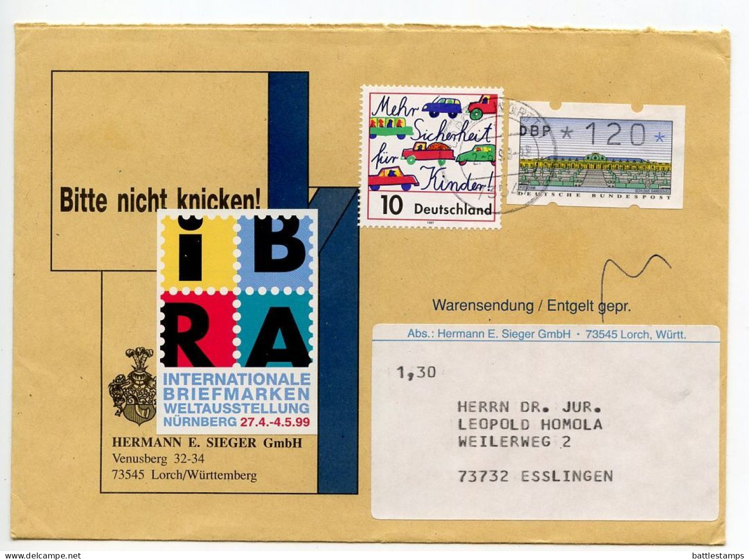 Germany 1998 Cover; Lorch To Esslingen; Stamps - 120pf. ATM/Frama & 10c. Traffic Safety; 1999 IBRA Exhibition Label - Briefe U. Dokumente