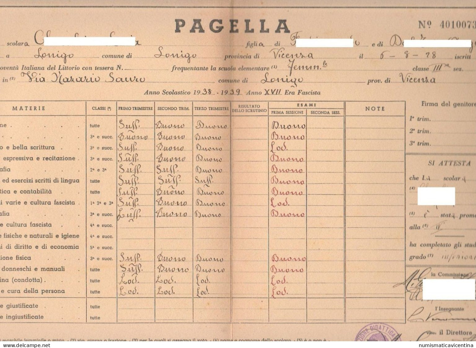 Pagella Scolastica Elementari Di Lonigo 1935 1936 Anno XVII° E.F. Ventennio Balilla - Diploma & School Reports