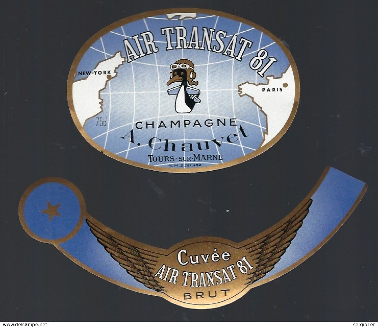 Rare Etiquette Champagne Cuvée Air Transat 81  A Chauvet Tours Sur Marne Marne 51" New York-Paris" Canard Aviation - Champagne