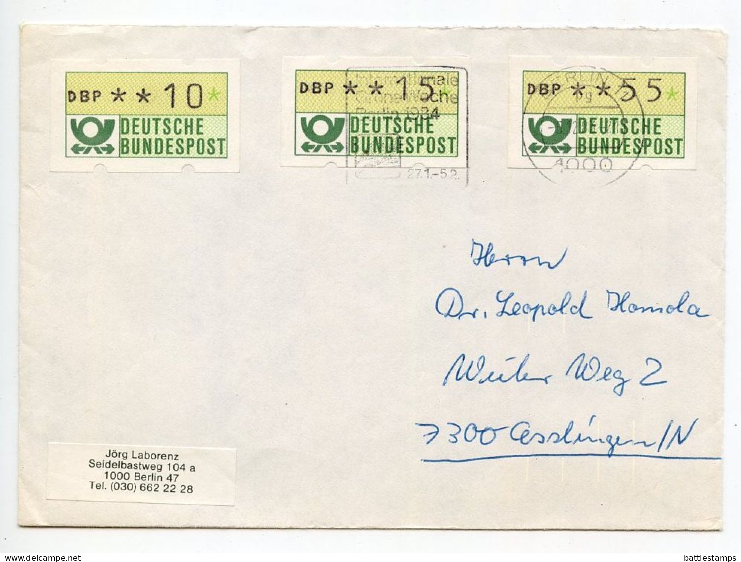 Germany, Berlin 1983 Cover; Berlin To Esslingen; ATM/Frama 10pf., 15pf. & 55pf. Stamps; Green Week Slogan Cancel - Automaatzegels [ATM]