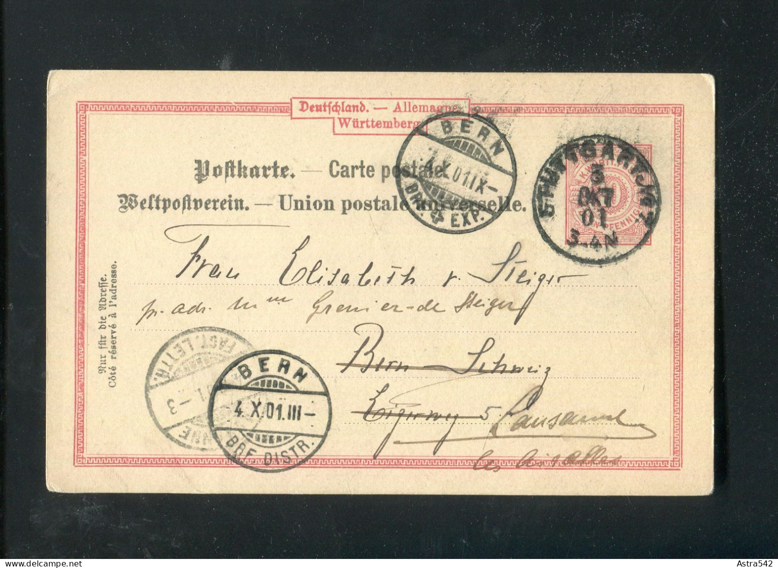 "WUERTTEMBERG" 1901, Postkarte Ex Stuttgart Nach Bern, Dort Weiterleitung Nach Lausanne (A1176) - Interi Postali