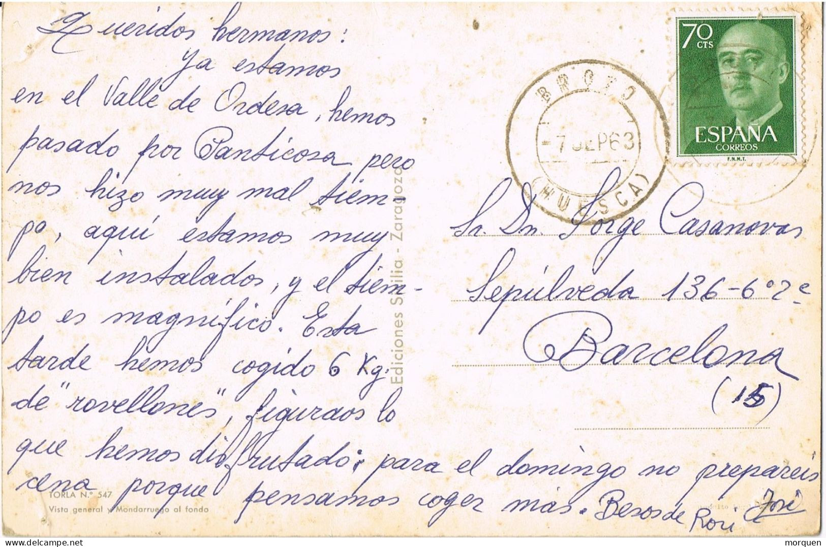 54880. Postal BROTO (Huesca) 1963. Vista De Torla Con El Mondarruego Al Fondo - Storia Postale