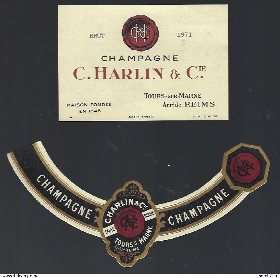 Rare Etiquette Champagne Brut Millésime 1971 Carte Rouge  C Harlin & Cie Tours Sur Marne Marne 51 Avec Sa Collerette - Champagne