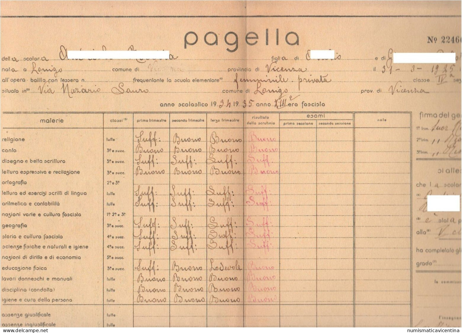 Lonigo Pagella Elementari ONB Anno 1934  1935 Scuola Di Lonigo Ventennio Anno XII° E.F. Balilla - Diploma & School Reports