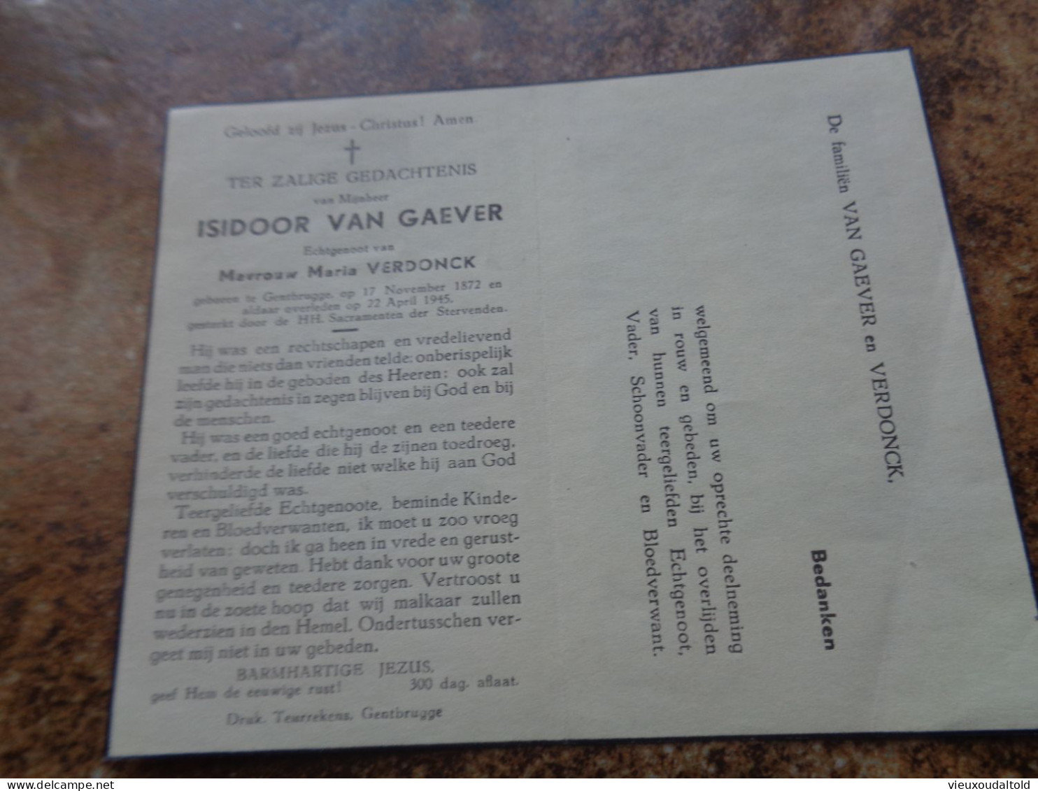 Doodsprentje/Bidprentje  ISIDOOR VAN GAEVER   Gentbrugge 1872-1945  (Echtg Maria VERDONCK) - Godsdienst & Esoterisme