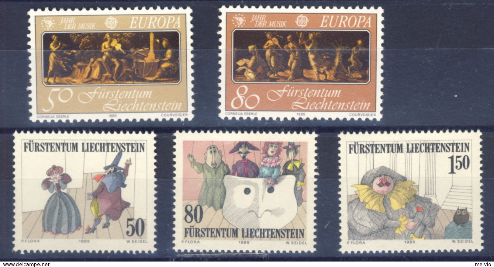 1985-Liechtenstein (MNH=**) 2 Serie 5 Valori Europa,teatro - Unused Stamps