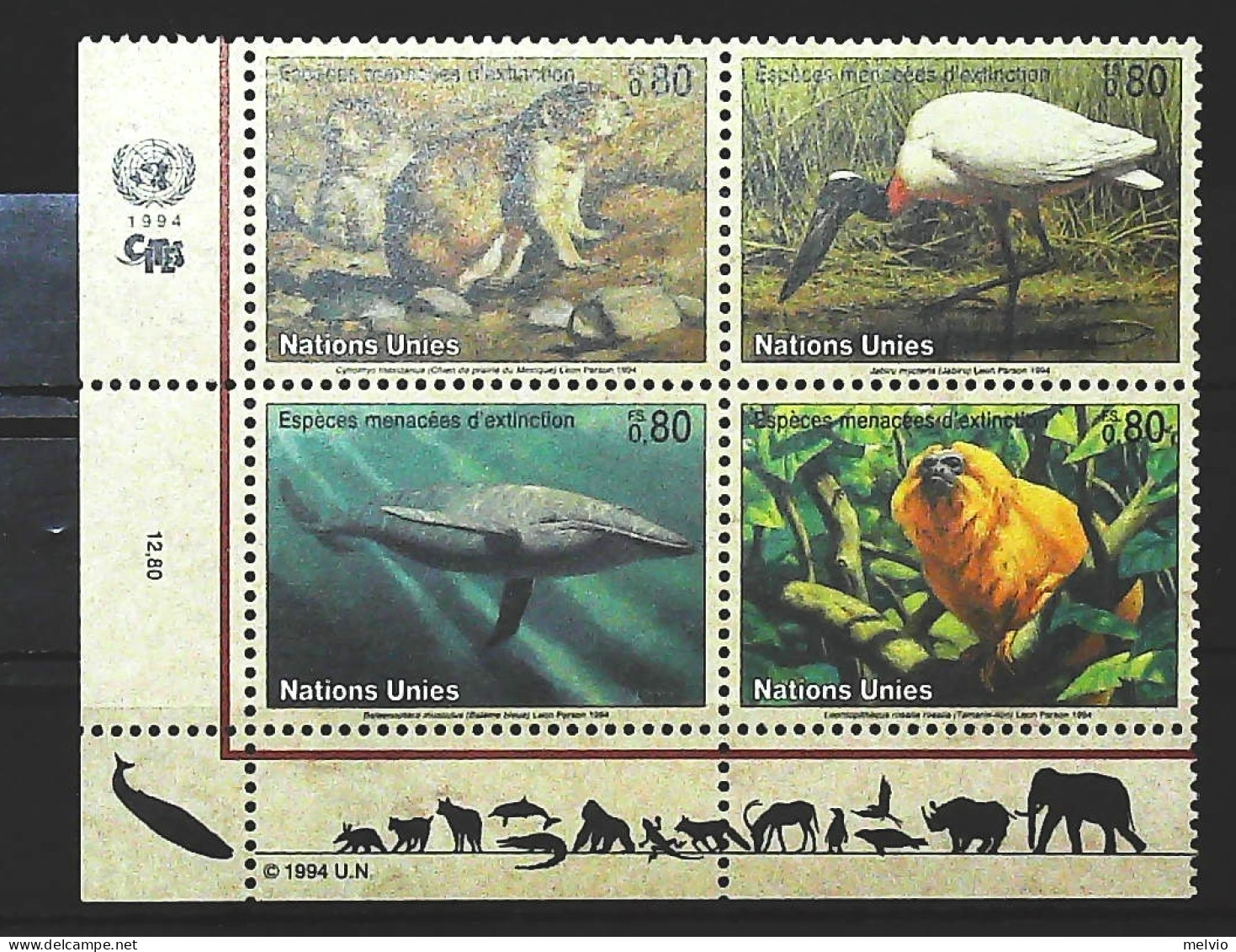 1994-Nazioni Unite (MNH=**) Animali Vari In Via Di Estinzione Balena Scimmia Rod - Autres & Non Classés