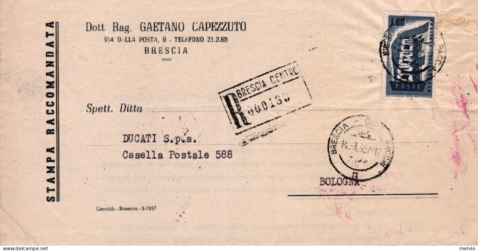 1954-EUROPA Lire 60 Isolato Su Piego Raccomandato - 1946-60: Storia Postale