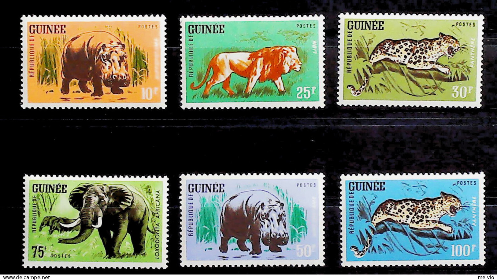 1962-Guinea (MNH=**) Serie 6 Valori Ippopotamo Leone Elefante Ghepardo - República De Guinea (1958-...)