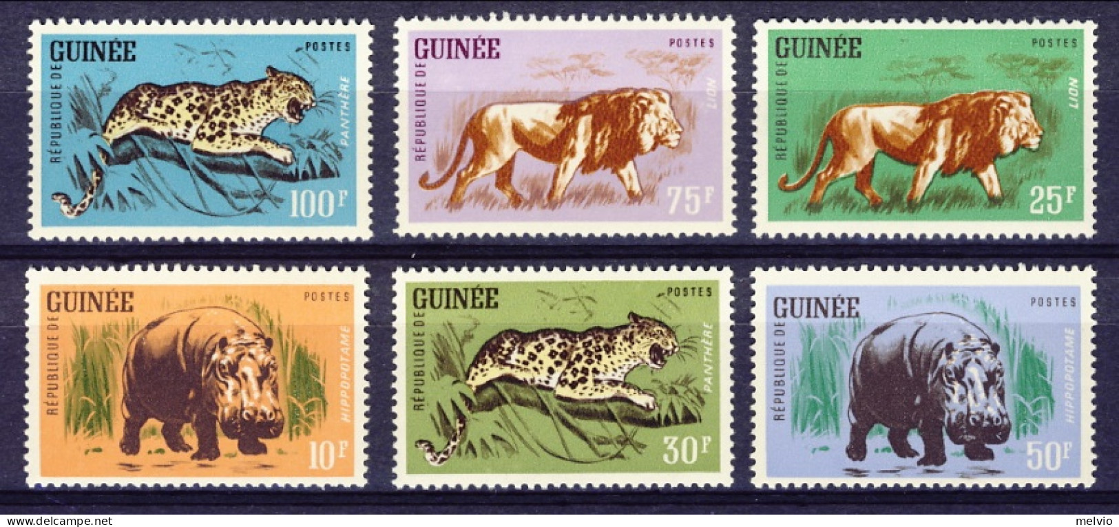 1962-Guinea (MNH=**) S.6v."Leone Ippopotamo Pantera"cat.Stanley Gibbons L. 7 - Guinea (1958-...)