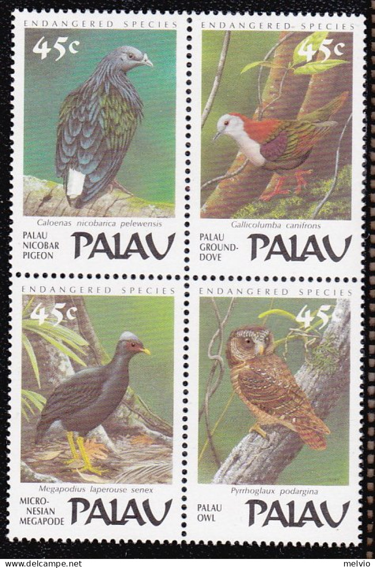 1989-Palau (MNH=**) S.4v."uccelli In Via Di Estinzione" - Palau