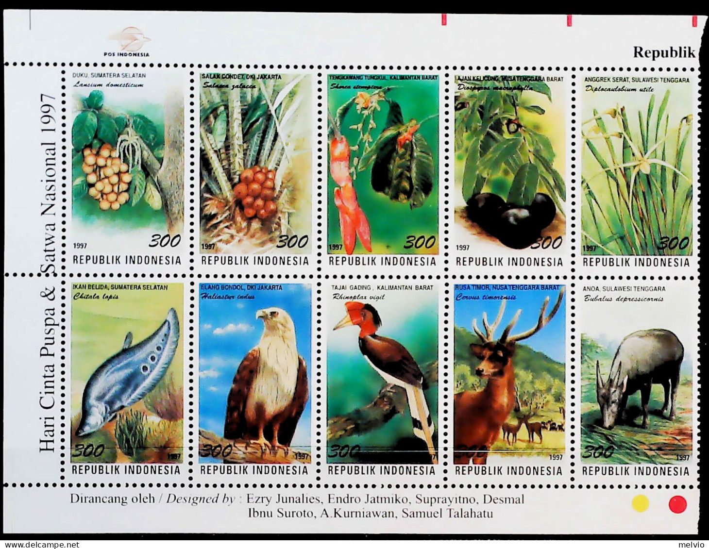 1997-Indonesia (MNH=**) Blocco 10 Esemplari Animali - Indonesië