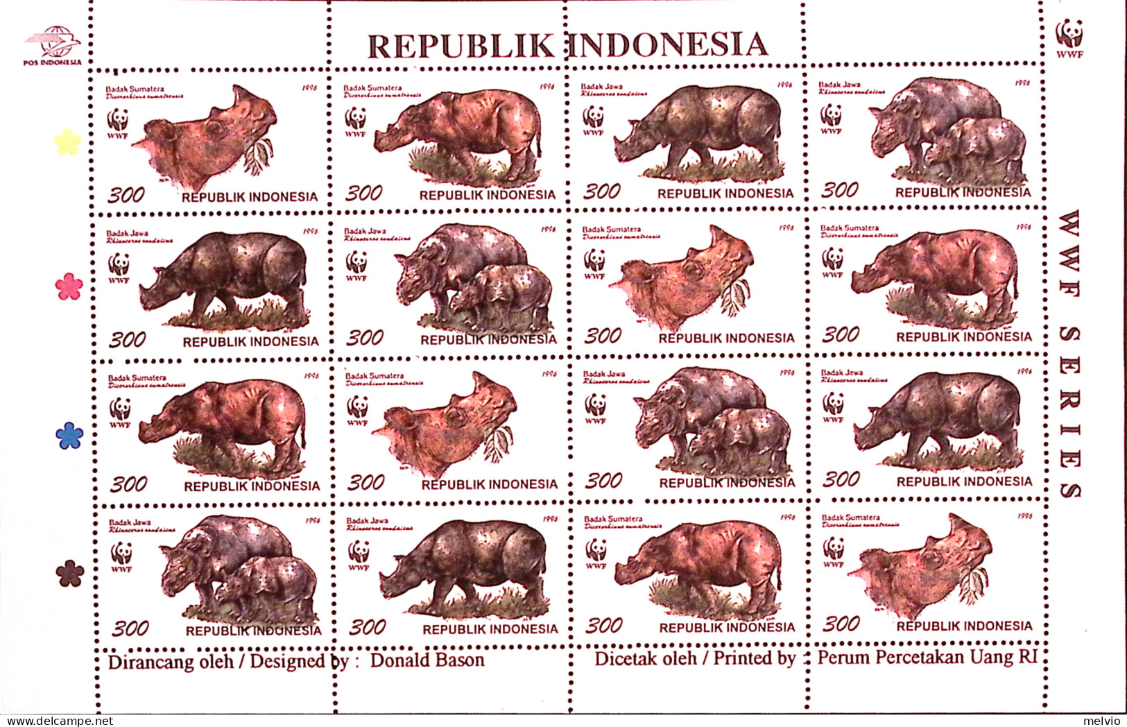 1996-Indonesia (MNH=**) Foglietto 16 Valori WWF - Indonesien