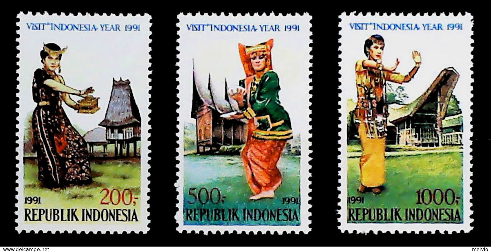 1991-Indonesia (MNH=**) Serie 3 Valori Danza Costumi Locali - Indonesië