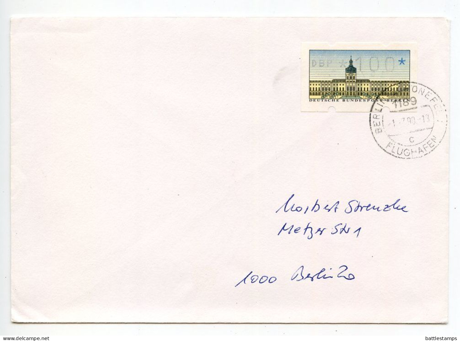 Germany, Berlin 1990 Cover; Berlin-Schönefeld Airport Postmark; ATM/Frama 100pf. Stamp - Charlottenburg Palace - Machine Labels [ATM]