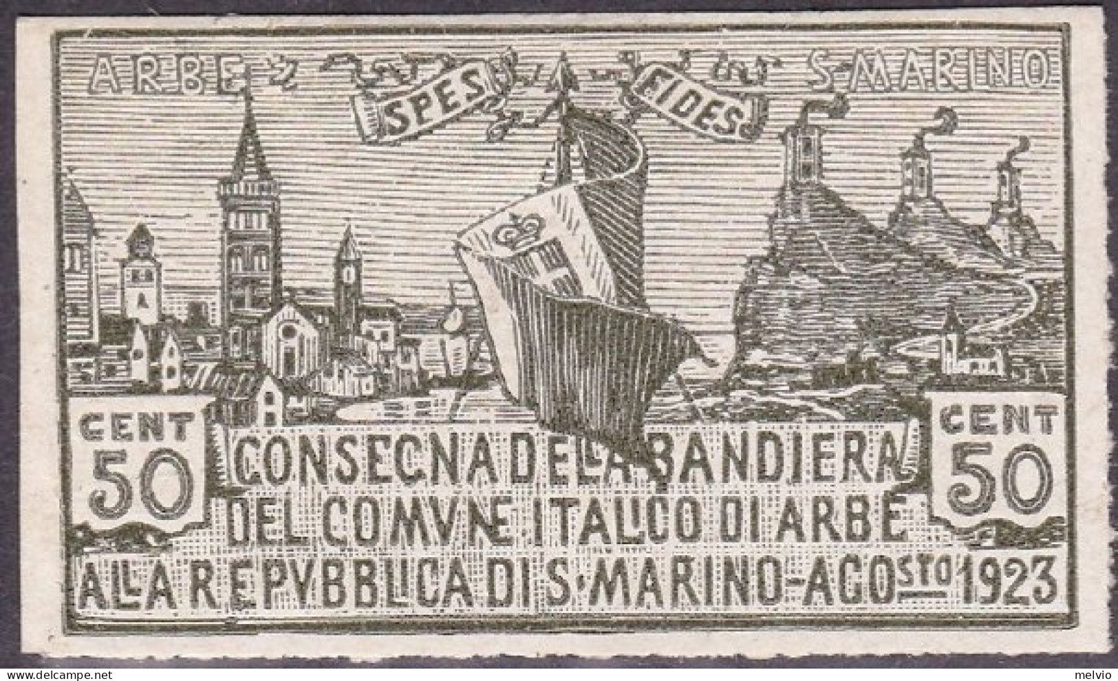 1923-San Marino (MNH=**) 50c.prova Non Dentellata Su Carta Patinata,catalogo Sas - Ongebruikt