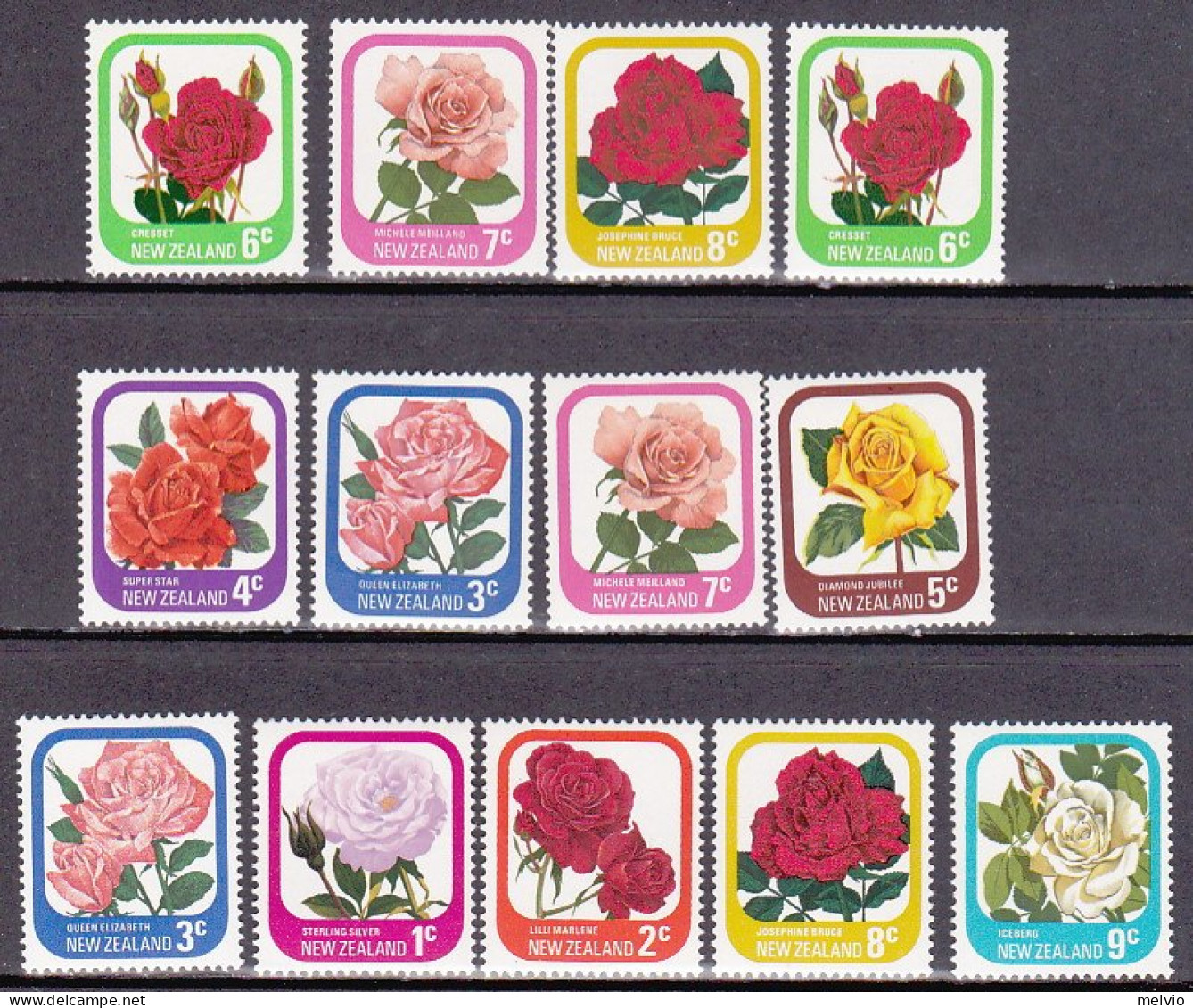 1975/9-Nuova Zelanda (MNH=**) S.13v.comprese Varietà Di Dentellatura "Rose" - Sonstige & Ohne Zuordnung