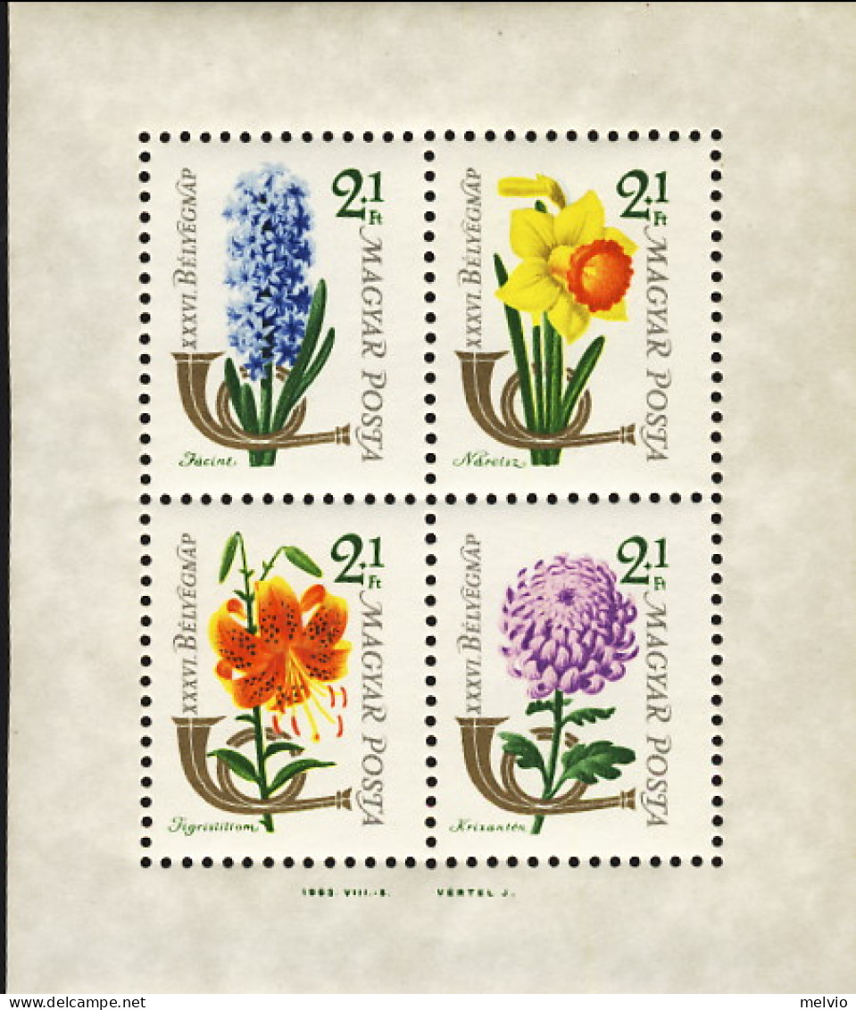 1963-Ungheria (MNH=**) Foglietto S.4v."36° Giornata Del Francobollo,fiori,corno  - Other & Unclassified