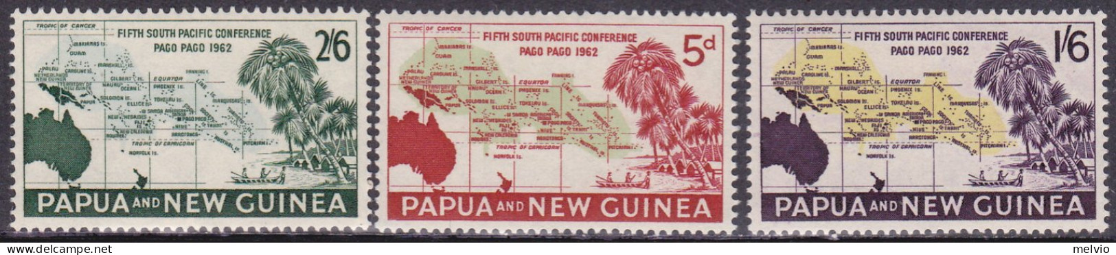 1962-Papua Nuova Guinea (MNH=**) S.3v."mappa Del Sud Pacifico,quinta Conferenza  - Papouasie-Nouvelle-Guinée