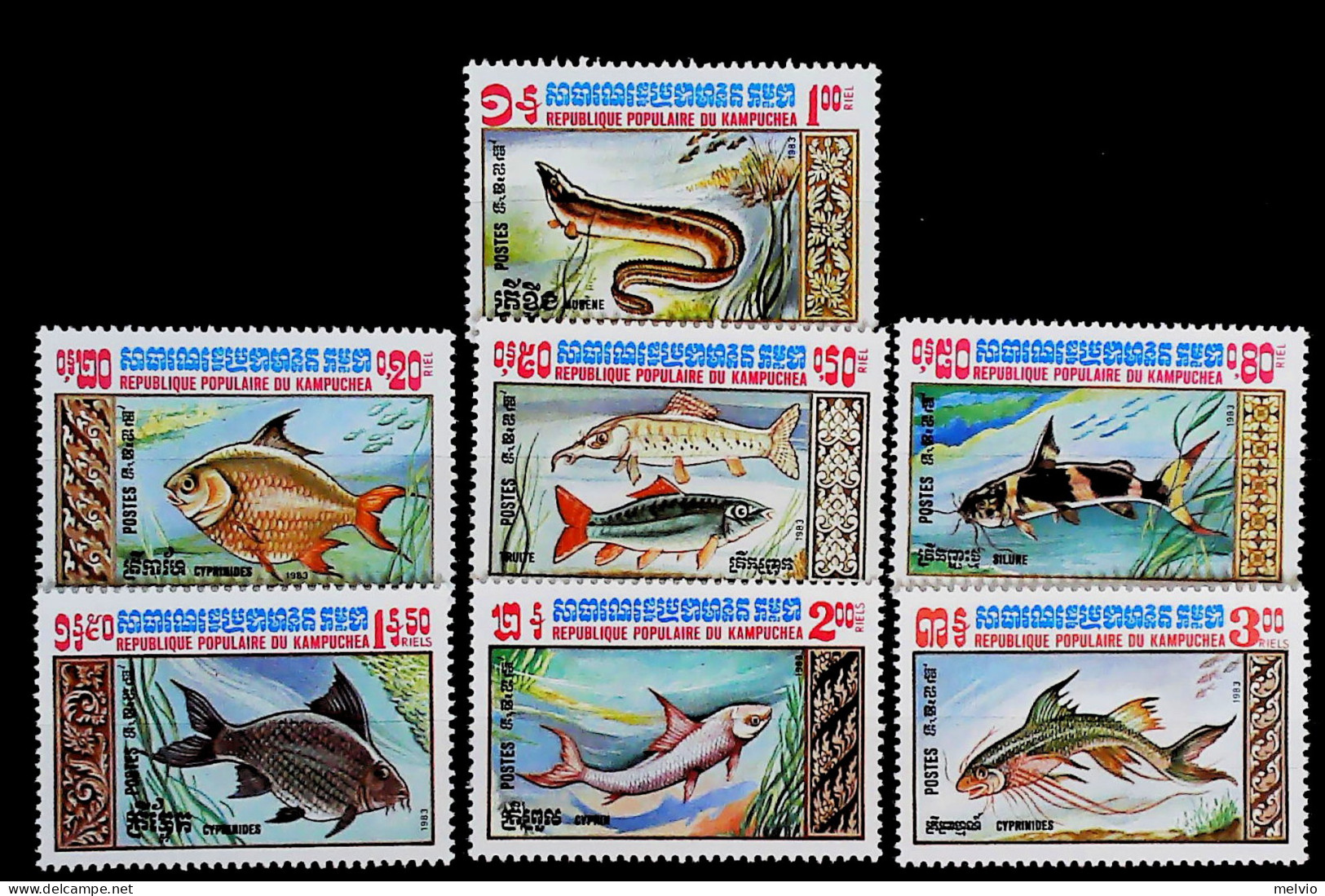 1983-Cambogia (MNH=**) Serie 7 Valori Pesci - Cambodja