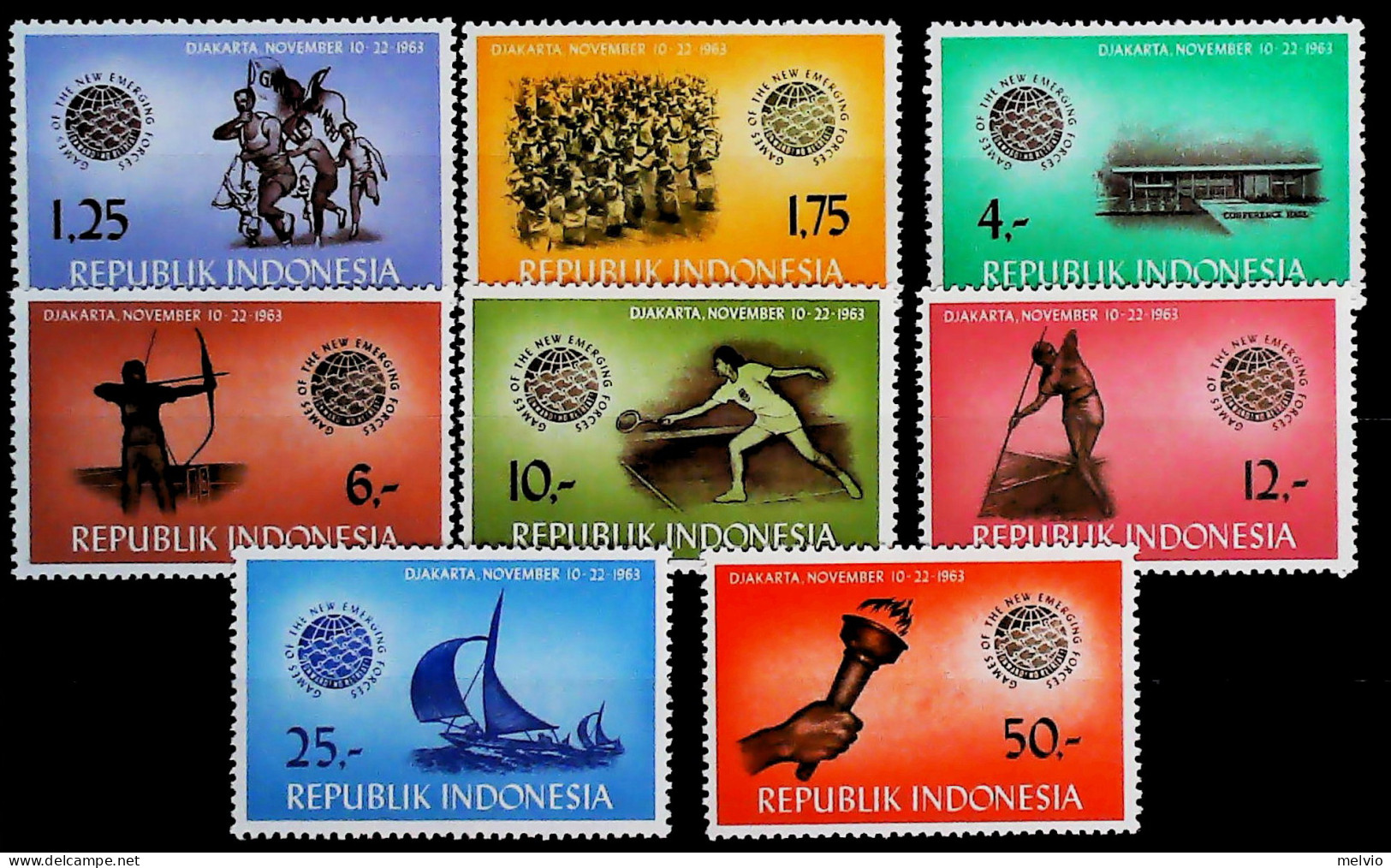 1963-Indonesia (MNH=**) Serie 8 Valori Giavellotto Tiro Con L'arco - Indonesien