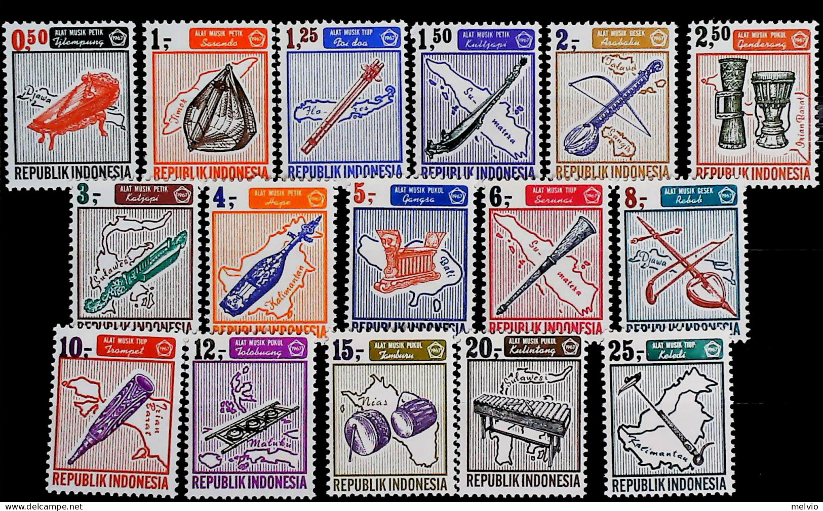 1967-Indonesia (MNH=**) Serie 16 Valori Strumenti Musicali - Indonésie