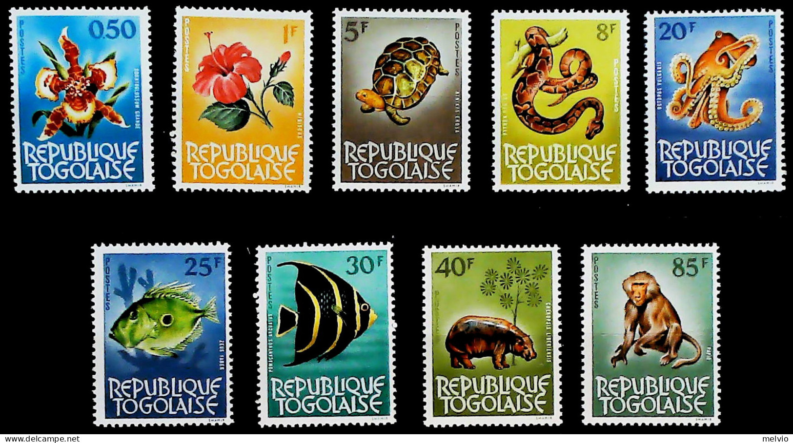 1964/5-Togo (MNH=**) 9 Valori Fiori Pesci Scimmia Polpo Serpente Tartaruga - Togo (1960-...)