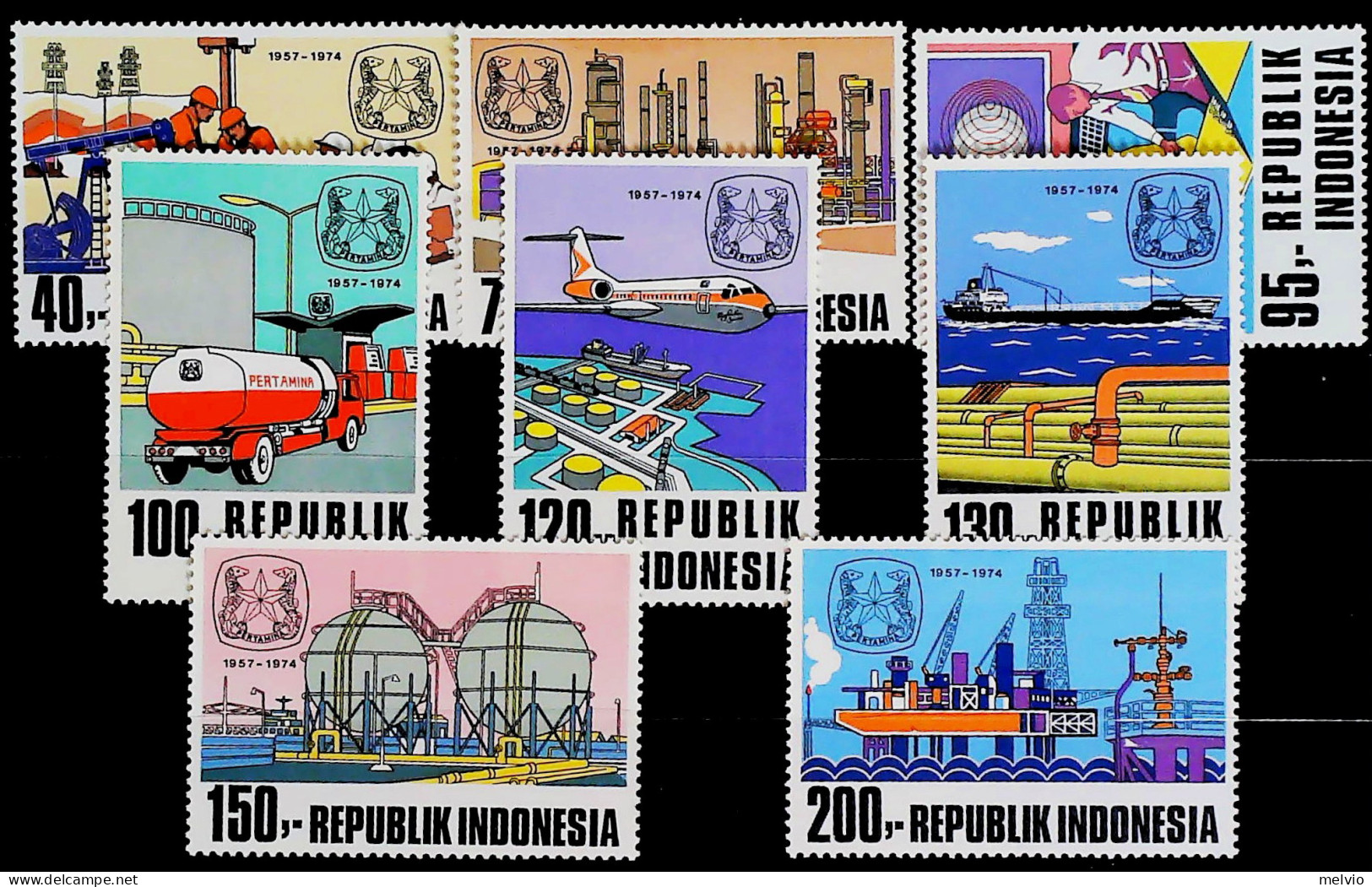 1974-Indonesia (MNH=**) Serie 8 Valori Compagnia Petrolifera Pertamina - Indonesia