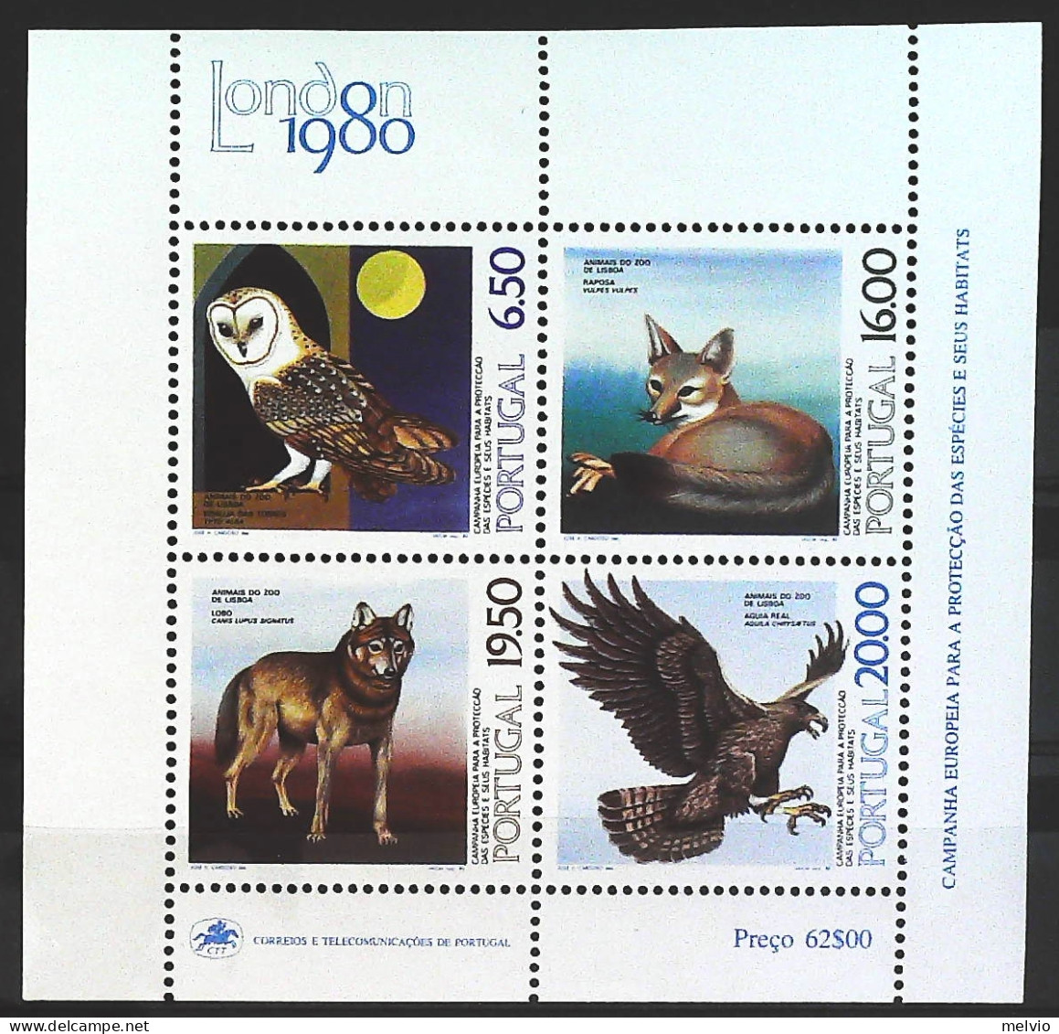 1980-Portogallo (MNH=**) Foglietto 4 Valori Gufo Aquila Volpe Lupo - Otros & Sin Clasificación