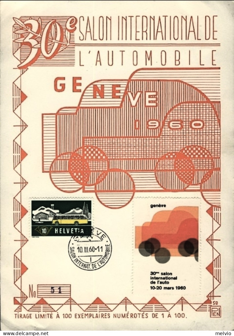 1960-Svizzera 30^ Salone Internazionale Dell'automobile A Ginevra Su Cartoncino  - Erinnofilie