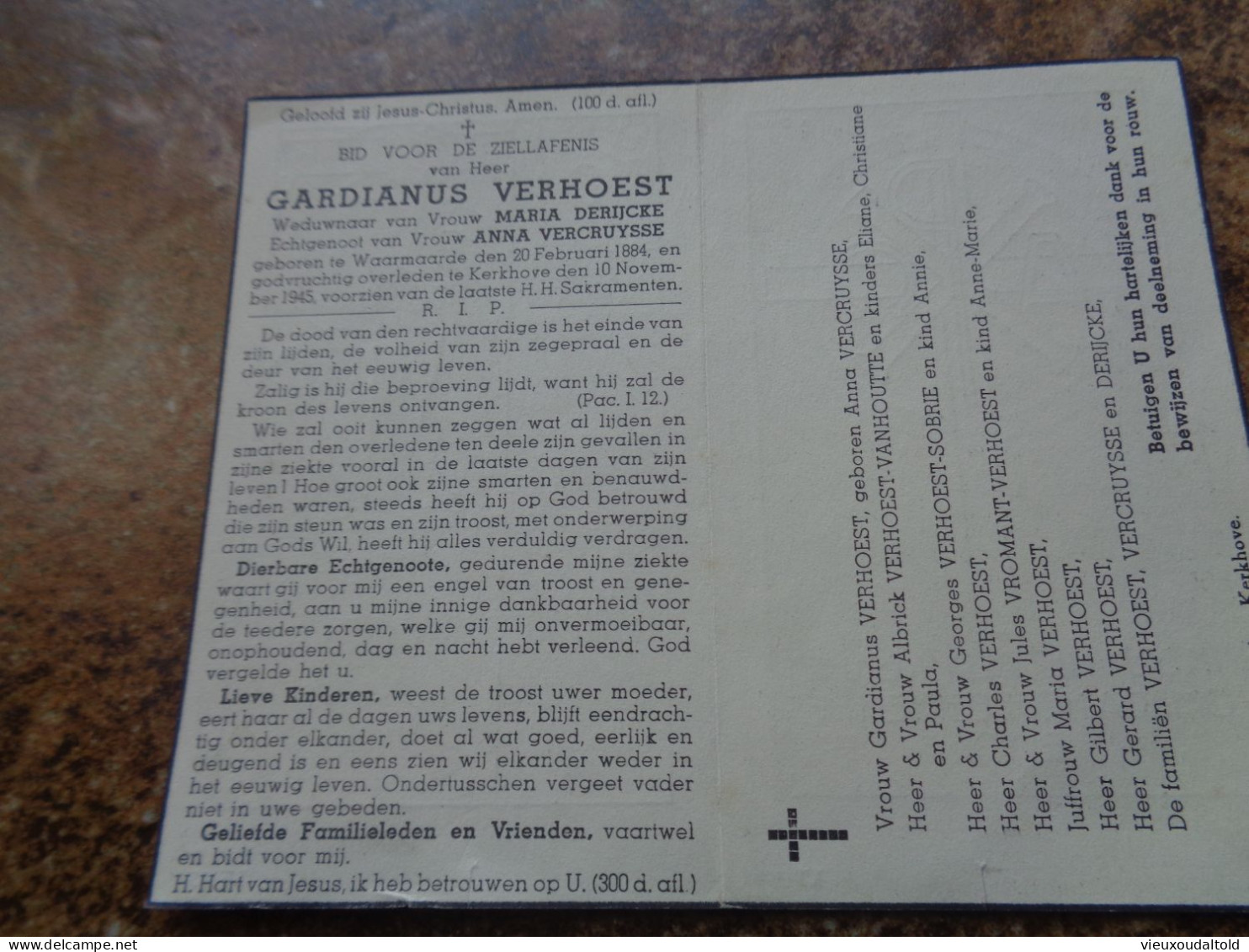 Doodsprentje/Bidprentje  GARDIANUS VERHOEST   Waarmaarde 1884-1945 Kerkhove (Wdr Derijcke/Echtg Vercruysse) - Religión & Esoterismo