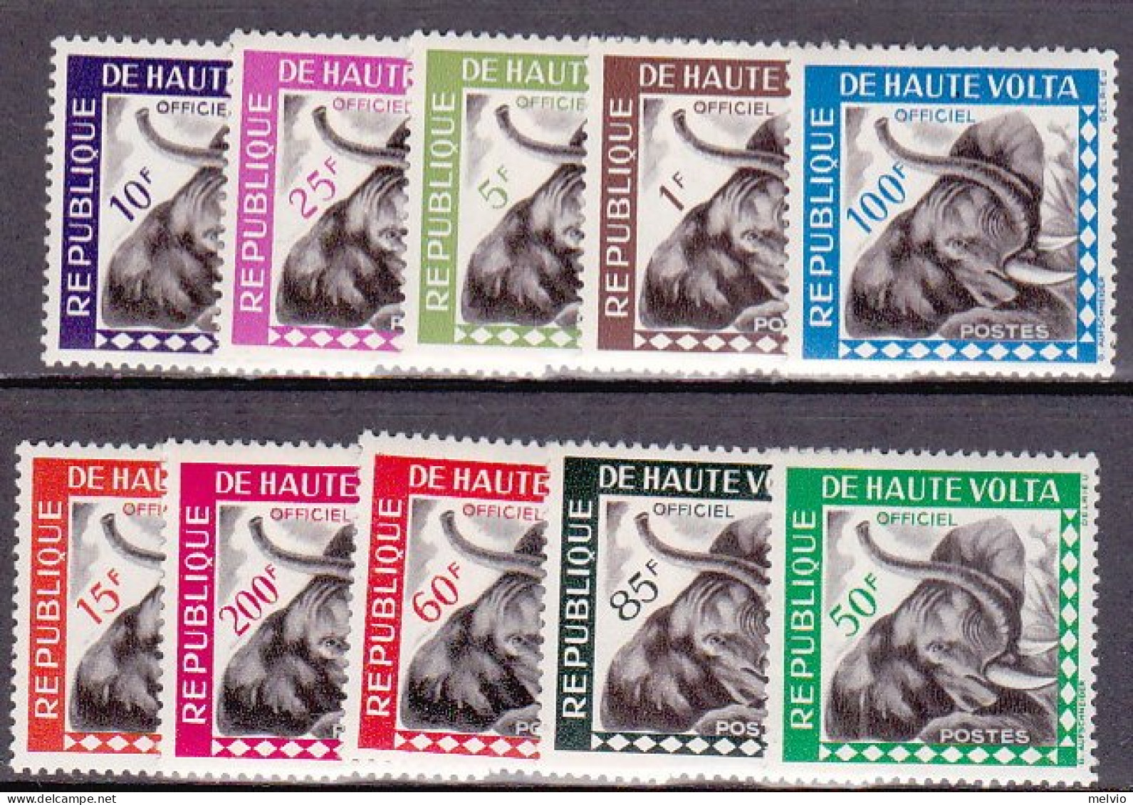 1963-Alto Volta (MNH=**) Servizio S.10v."elefante"cat.Yvert 2013 Euro 17 - Alto Volta (1958-1984)