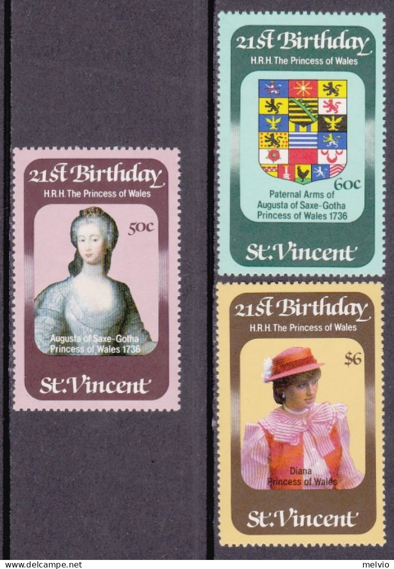 1982-St.Vincent (MNH=**) S.3v."Principessa Diana" - St.Vincent (1979-...)
