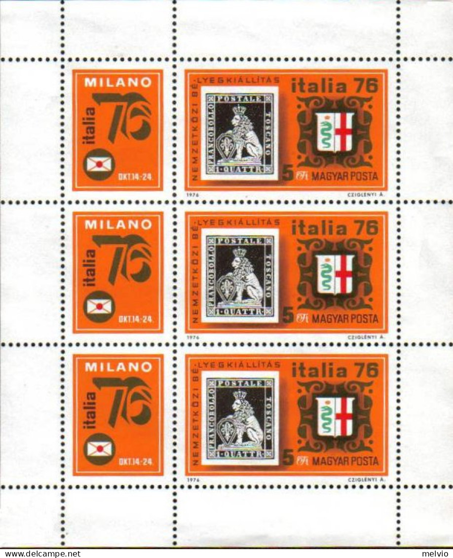 1976-Ungheria (MNH=**) Minifoglio Tre V."Italia 76 Esposizione Filatelica Intern - Andere & Zonder Classificatie