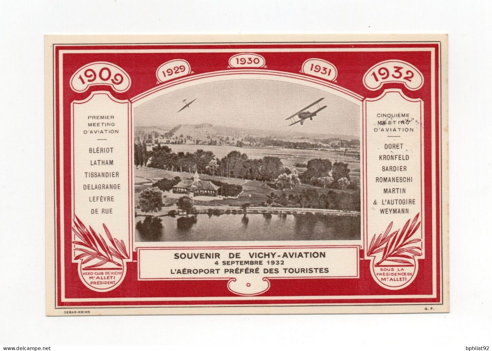 !!! VIGNETTE VICHY AVIATION DENTELEE SUR CPA DU MEETING DE VICHY DE 1932 - Aviación